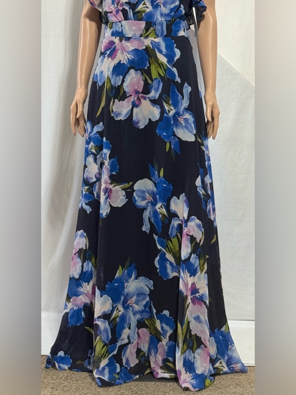 Eliza J Floral Chiffon Halter Maxi Dress Ruffle Neck Navy Multi Size 4 - Picture 11 of 13